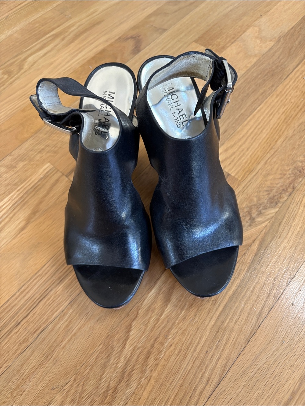 MICHAEL Michael Kors Black Leather Peep-Toe Slingback Heels Size 6 1/2
